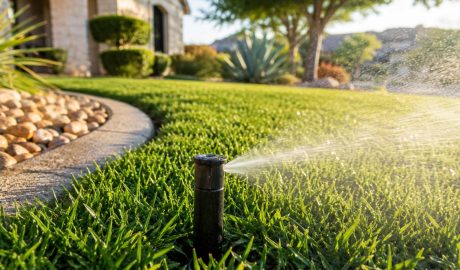 Sprinkler head watering a San Antonio lawn during a summer irrigation system checkup.