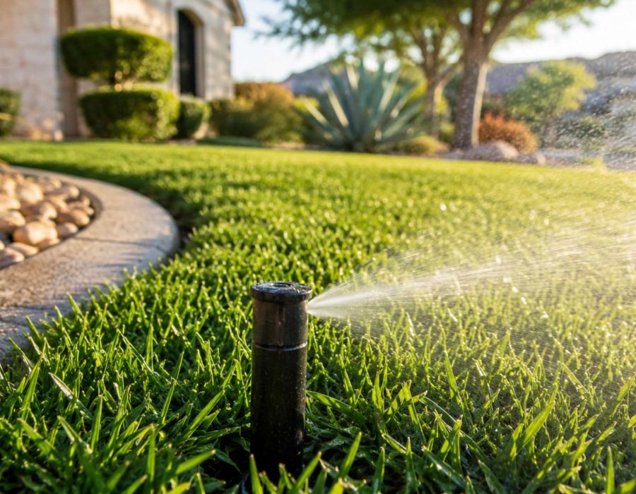 Sprinkler head watering a San Antonio lawn during a summer irrigation system checkup.