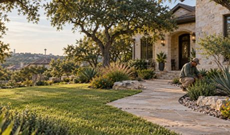 Fall landscape refresh with clean planting beds and a walkway at a San Antonio home