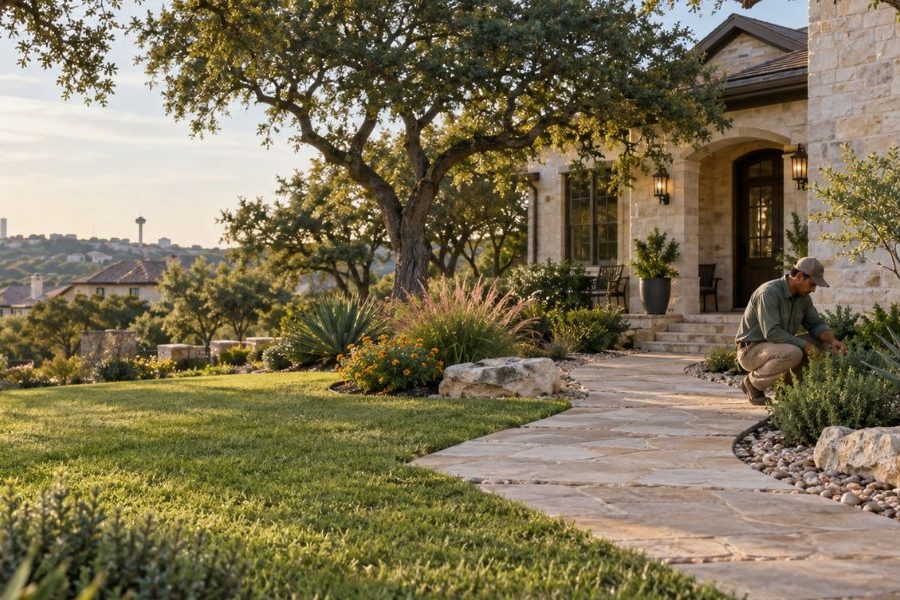 Fall landscape refresh with clean planting beds and a walkway at a San Antonio home