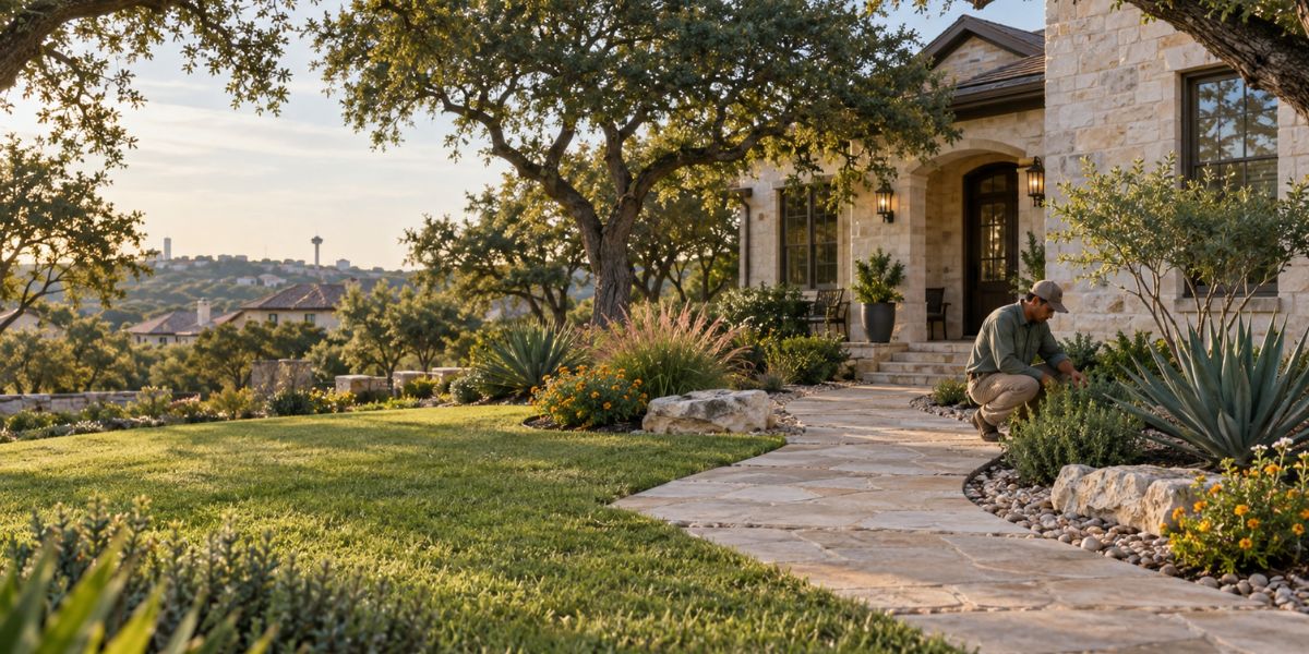 Fall landscape refresh with clean planting beds and a walkway at a San Antonio home