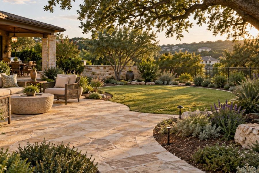 San Antonio backyard with a patio, pathway, planting beds, and lawn